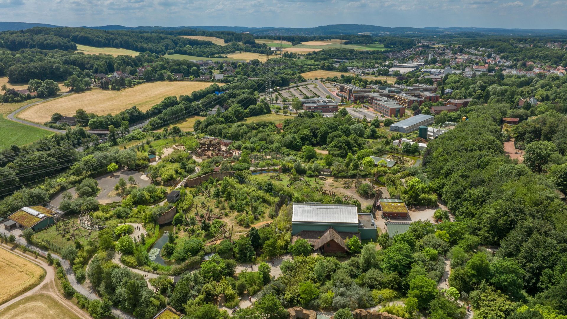 Luftaufnahme einer weitläufigen, grünen Landschaft mit Gebäuden und Feldern im Hintergrund.