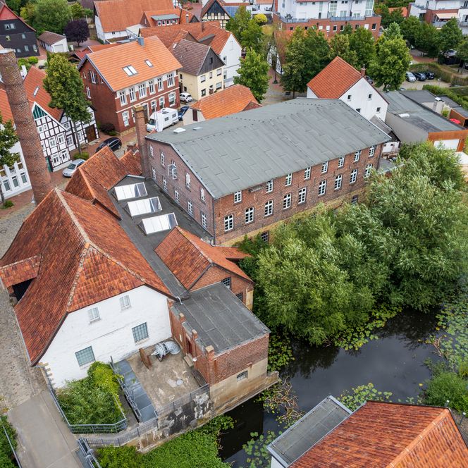 Historische Ziegelgebäude mit roten Dächern neben einem Teich voller Seerosen.